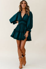 Laney Cutout Back Balloon Sleeve Dress Forest Green