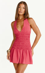 Giselle Mini Dress - Halter Neck Shirred Frilled Hem Fit And Flare Dress in Rose
