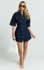 Leilani Mini Dress - Denim Short Sleeve Button Up Dress with Gold Hardware in Indigo Denim