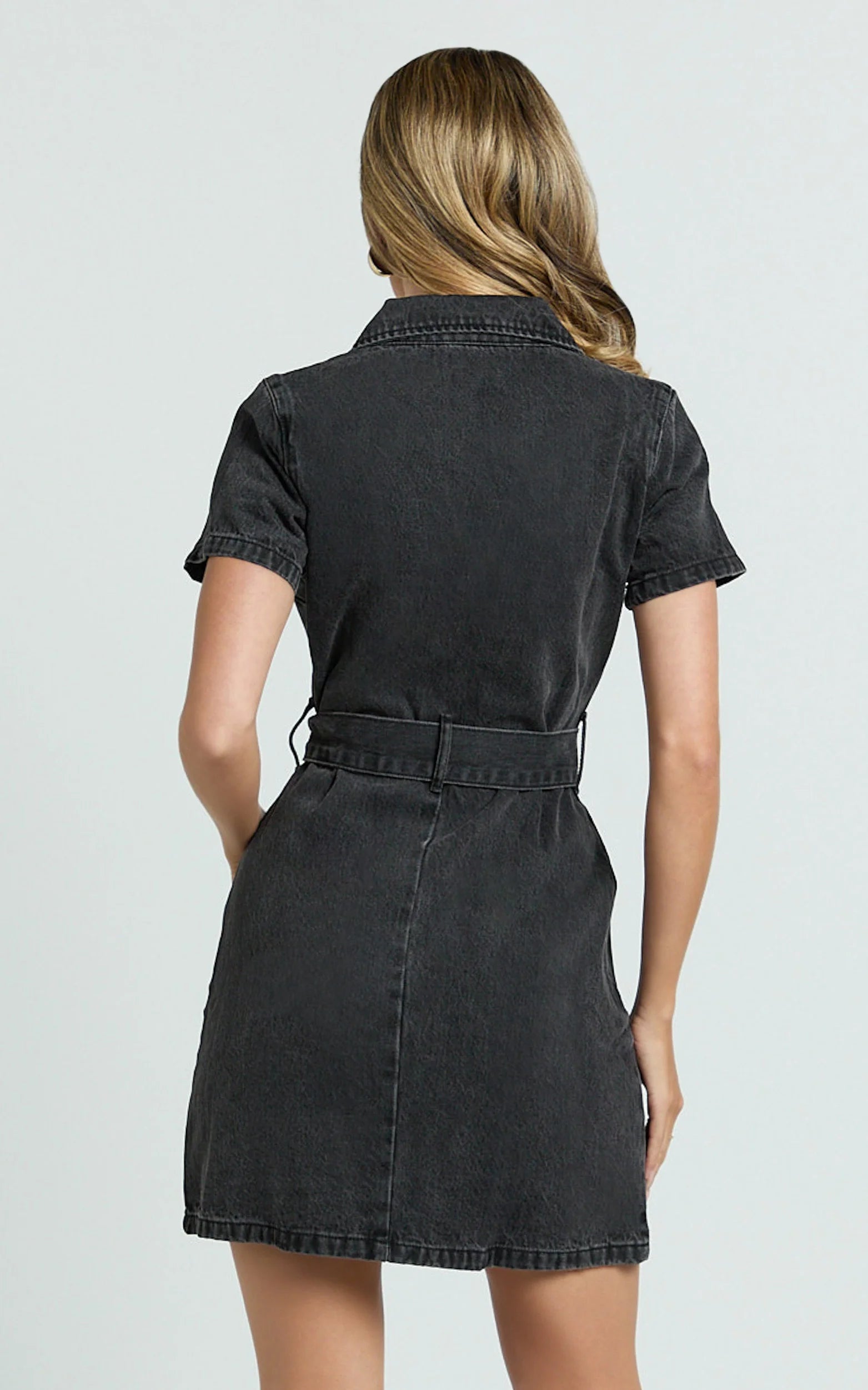 Nandini Mini Dress - Hardware Zip Through Denim Dress in Black Wash