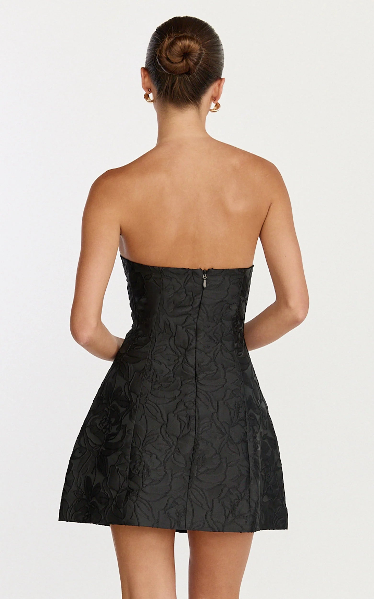 Rosalie Mini Dress - Strapless Jacquard Floral Mini Dress in Black