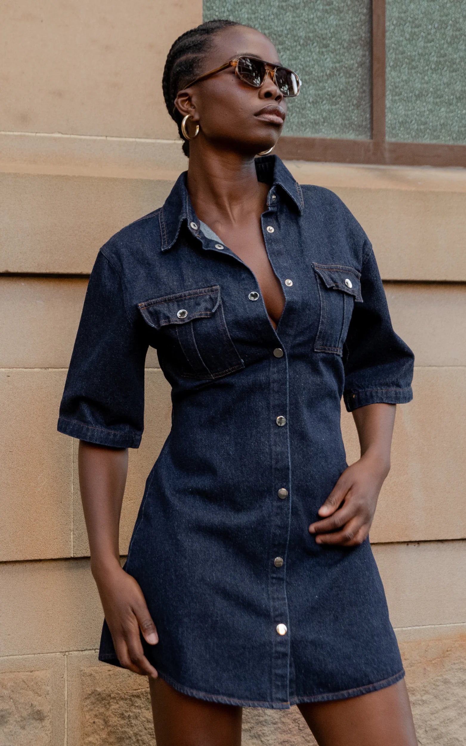Leilani Mini Dress - Denim Short Sleeve Button Up Dress with Gold Hardware in Indigo Denim