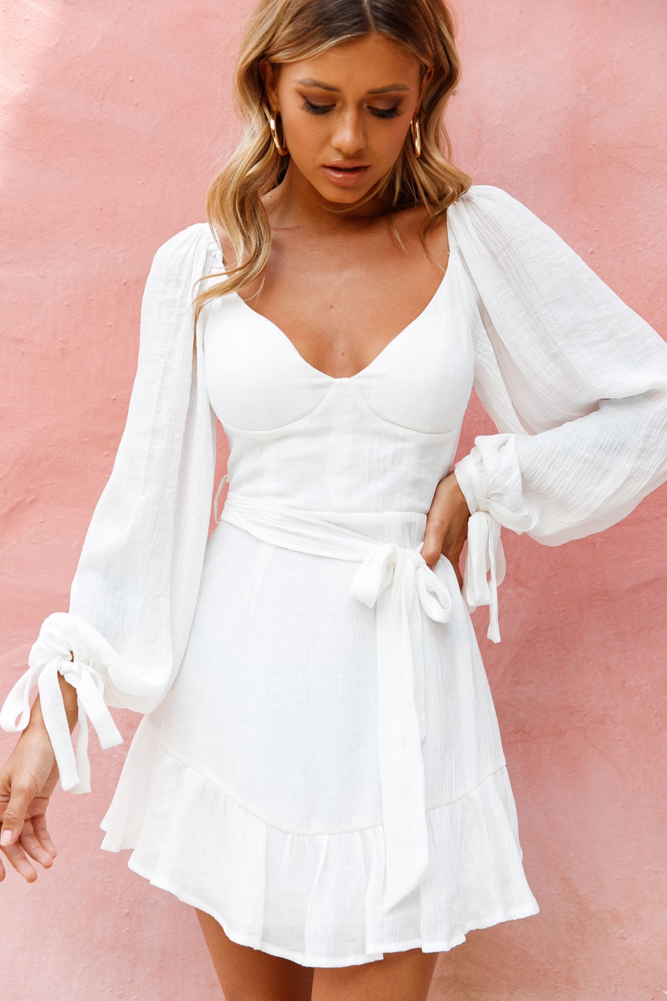Make Memories Balloon Sleeve Molded Bust Dress White