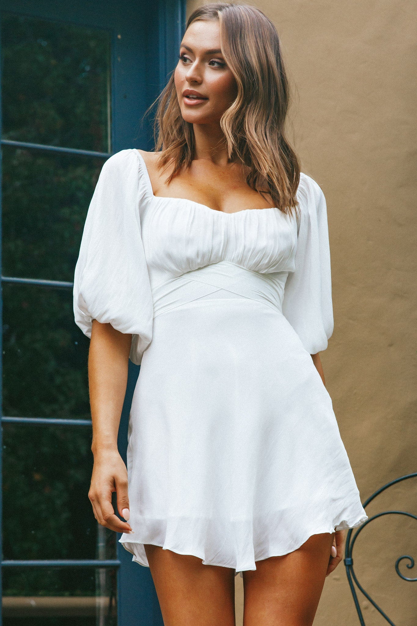 Linka On or Off-Shoulder Half Sleeve Tie-Back Dress White