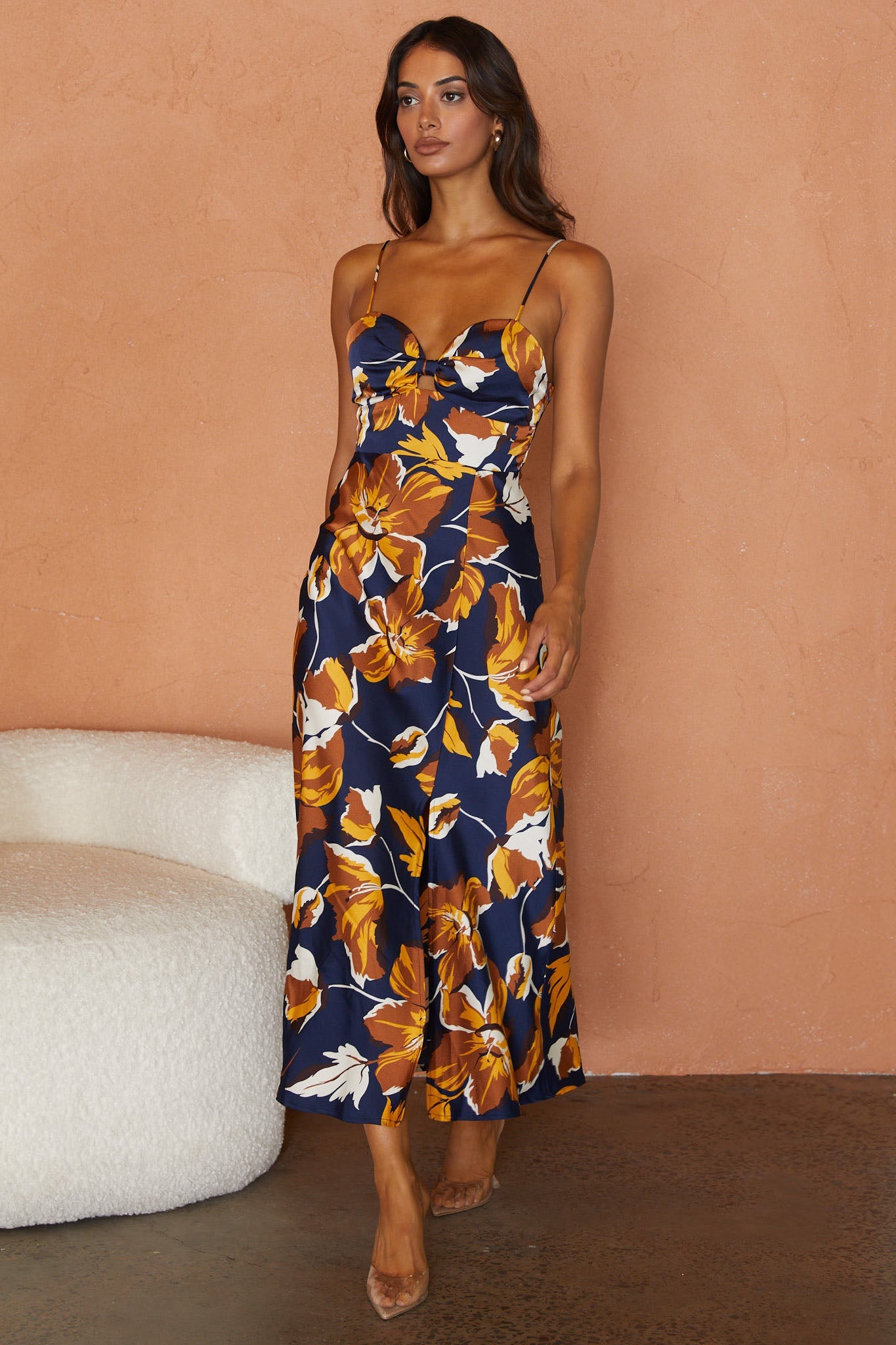 Missoula Cami Strap Padded Bust Midi Dress Floral Print Navy