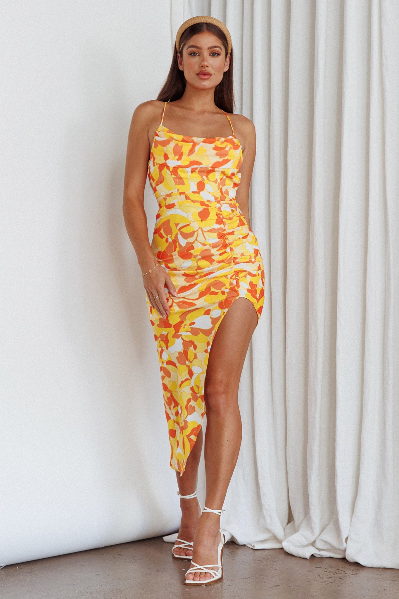 Klara Thigh Split Midi Dress Print Yellow