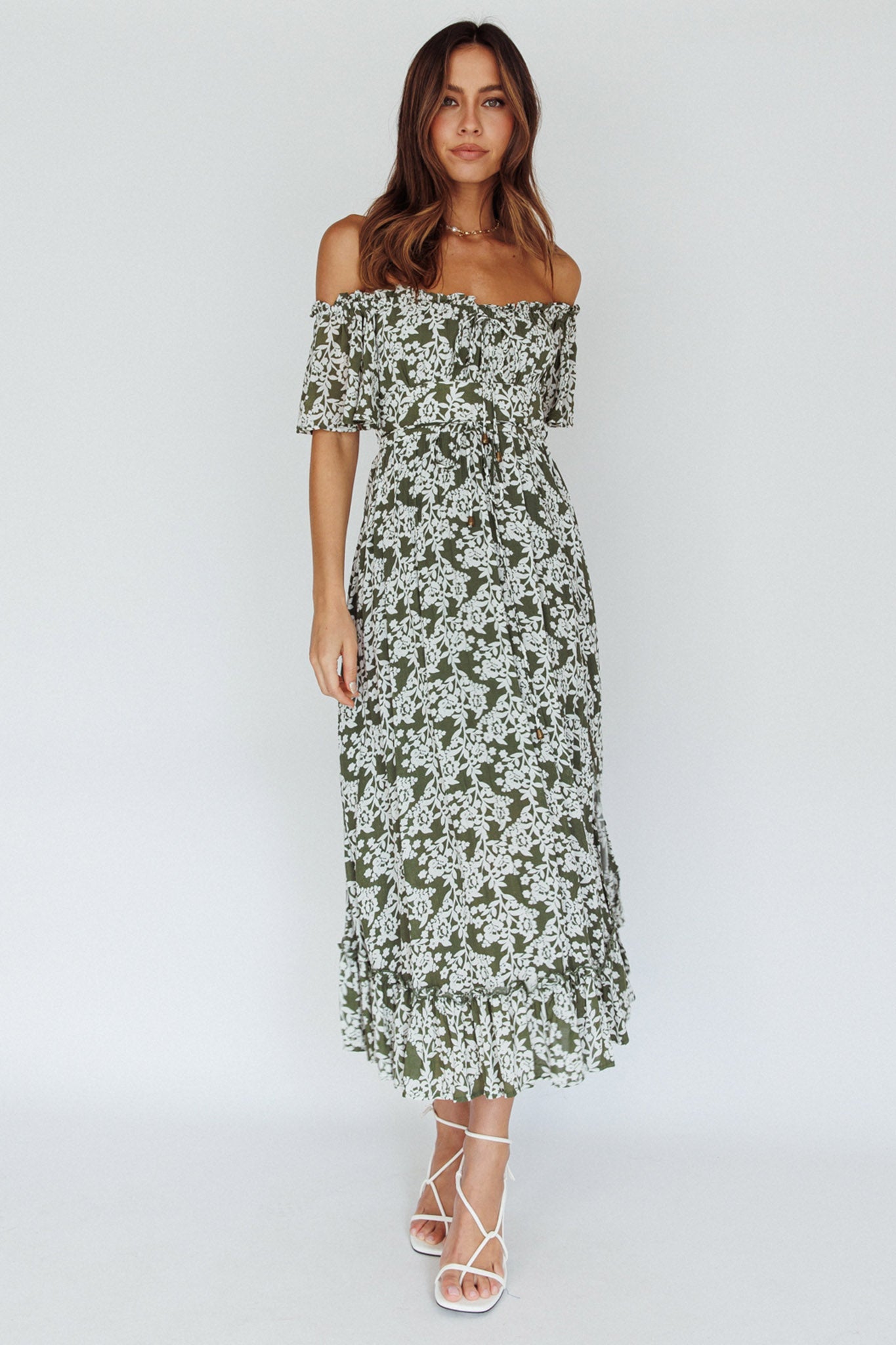 Voyager Off-Shoulder Bell Sleeve Midi Dress Floral Green