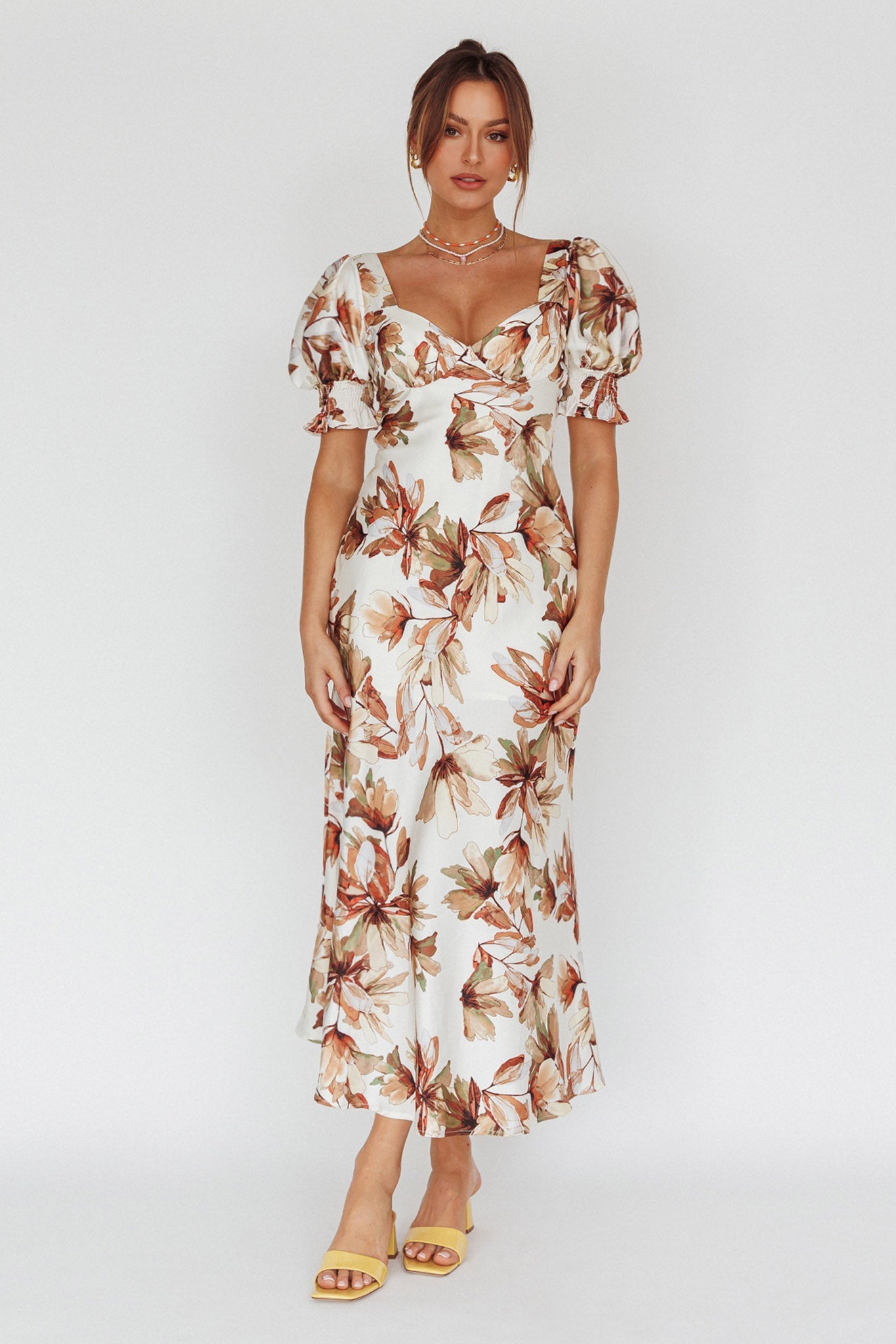 Brigita Tied Back Midi Dress Floral Brown