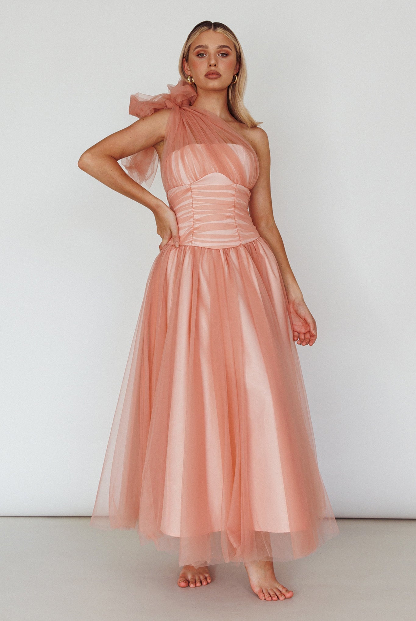 Let's Elope Bow Shoulder Midi Dress Lipstick