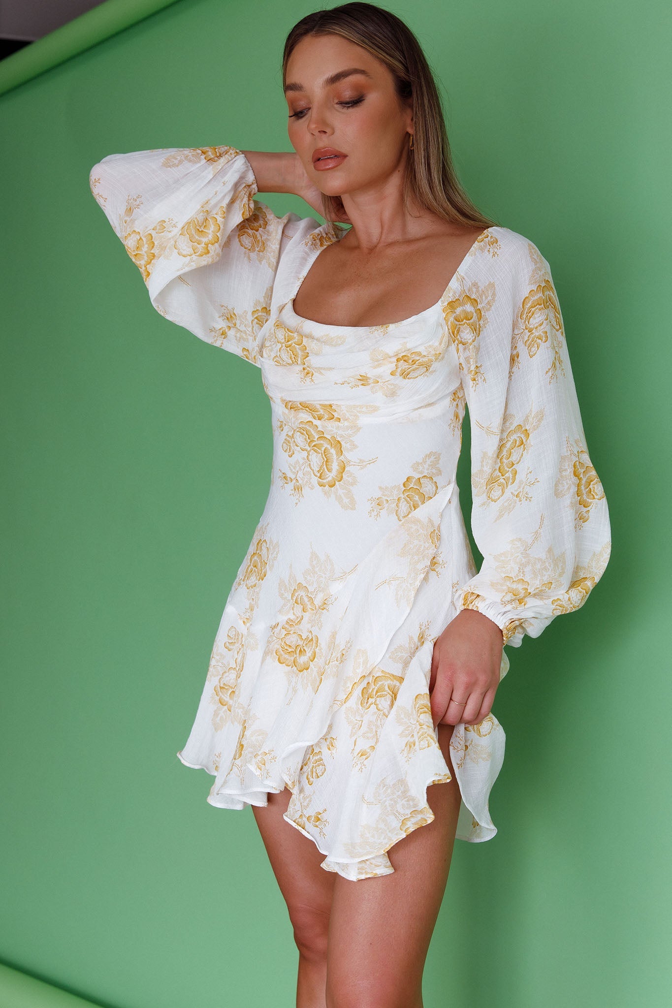 Beaujolais Long Sleeve Cowl Neckline Ruffle Mini Dress Floral Yellow
