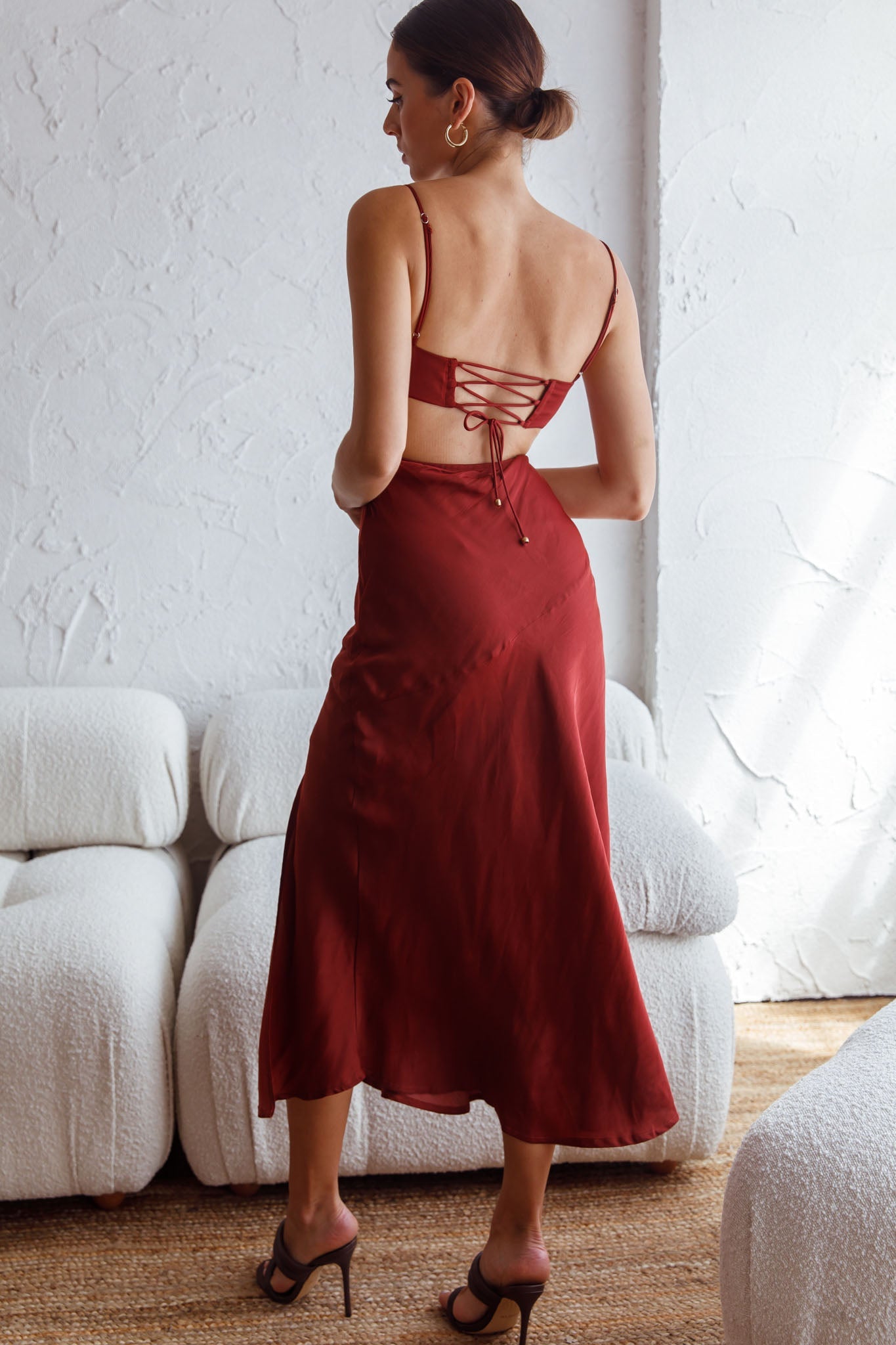 Fondest Memories Ruched Drawstring Bust Lace-Up Back Midi Dress Brown