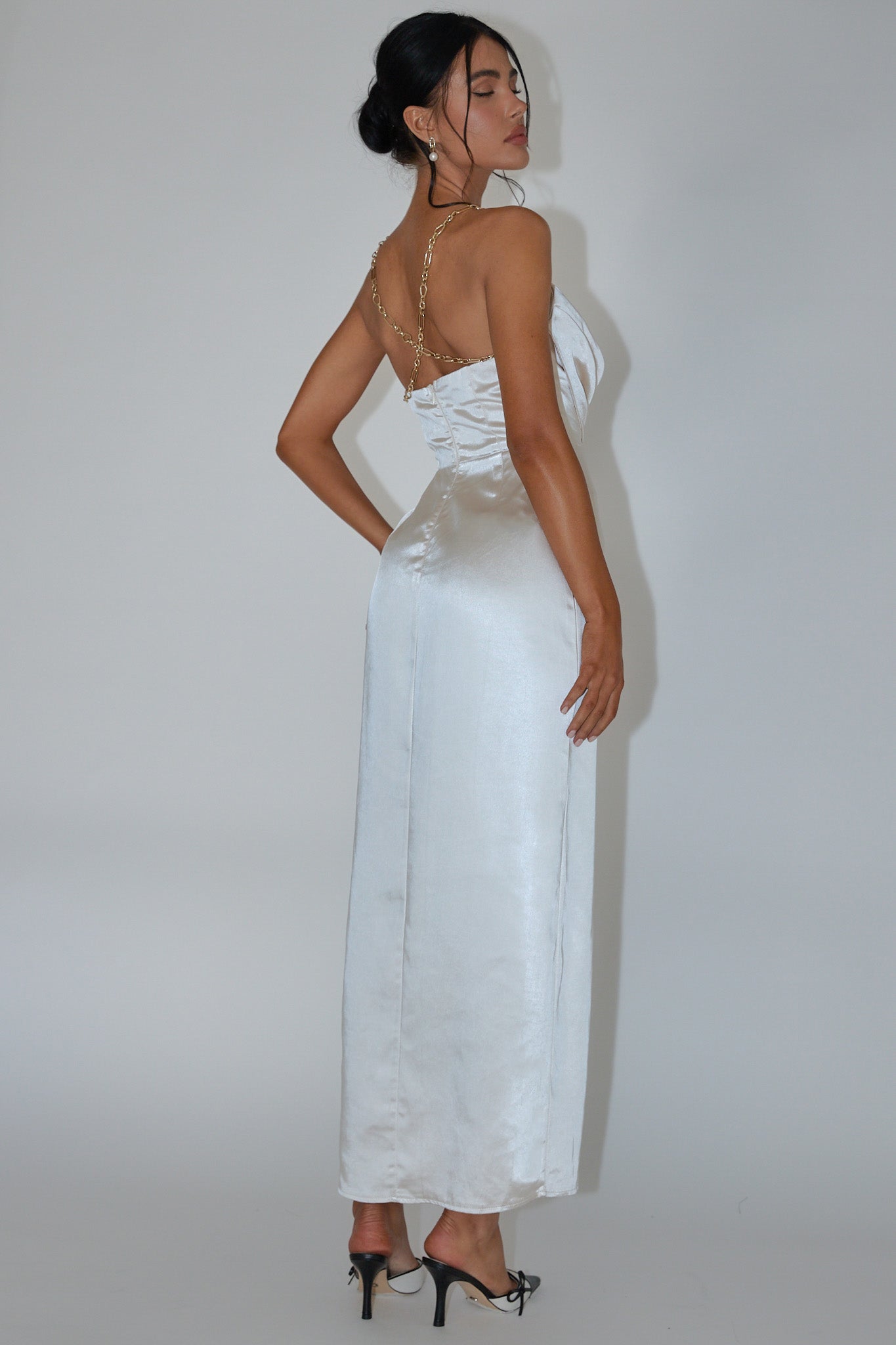 Emanuella Chain Strap Satin Midi Dress Champagne