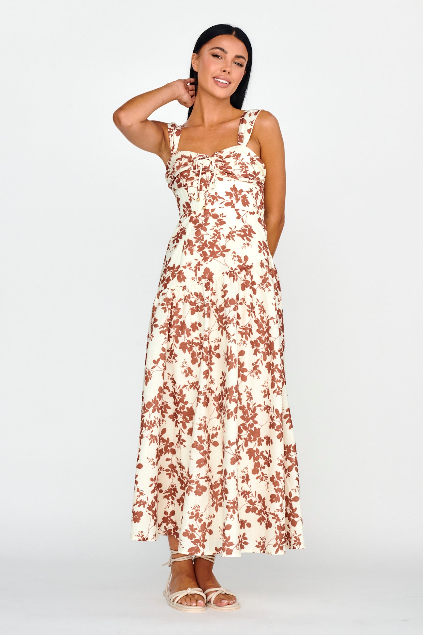 Nichola Ruched Bust Midi Dress Floral Brown