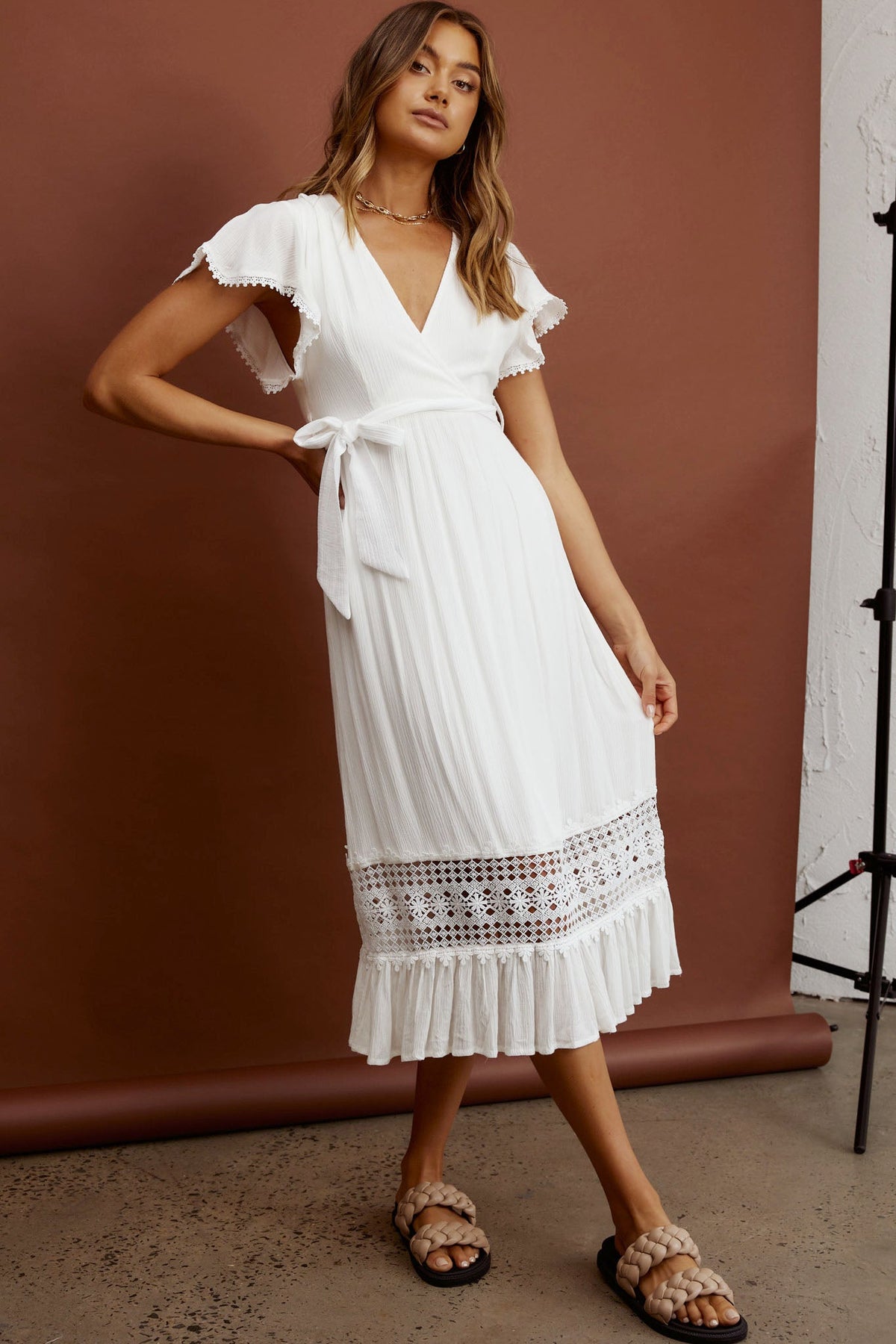 Zephyr Waist Tie Midi Dress White