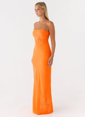 Sassafras Beaded Flower Strapless Maxi Dress - Orange